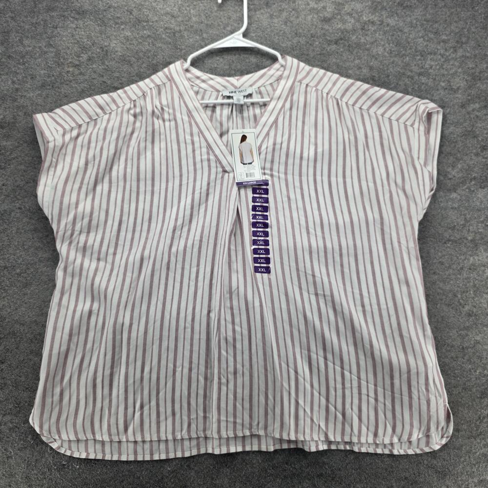 Nine West Jeans Shirt Womens 2XL White Red Stripe Woven Popover Blouse V-Neck